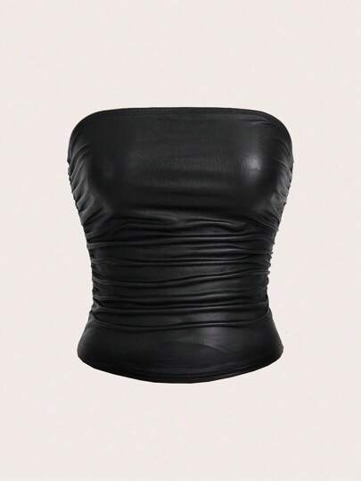SHEIN EZwear Plus Size Women High Elasticity PU Material Ruched Black Tube Top