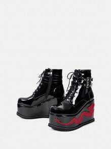 Sugerpunk Giày bốt đế xuồng đế dày màu đen cho nữ phong cách Gothic, có thêu hình rồng Trung Quốc, khóa kim loại và điểm nhấn bằng kim loại nặng cho mùa hè Y2k Punk thời trang đường phố thể thao Giáng sinh mùa thu năm mới ngày lễ tình nhân - màu đen - Xem 4