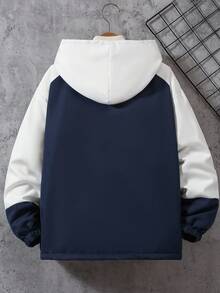 1pc Teen Boys' Autumn/Winter Fleece Lined Cargo Pocket Contrast Color Sleeve Outdoor Casual Windproof Jacket Fall