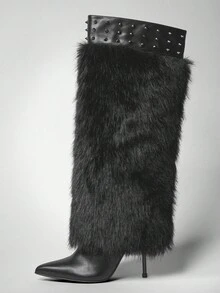 SHUZIA Giày bốt cao đến đầu gối mũi nhọn đế mỏng thời trang mùa đông ấm áp thoải mái cho nữ - màu đen - Xem 5