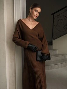 ZEYLAH 2pcs/Set Knitted V-Neck Off-Shoulder Knitted Sweater Set, Autumn/Winter - Coffee Brown - View 4