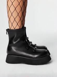 ROMWE Grunge Punk 女士休闲厚底切尔西踝靴，圆头蝴蝶结装饰后拉链 2.0 英寸粗跟，朋克英伦风格皮革厚底短靴，户外通勤靴 - 黑色 - 查看 6