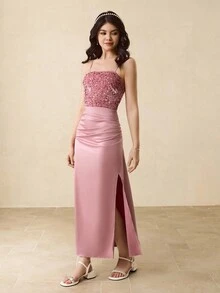 Abito da ragazza con spalline a spaghetti, patchwork con paillettes, in raso, elegante per feste e occasioni speciali