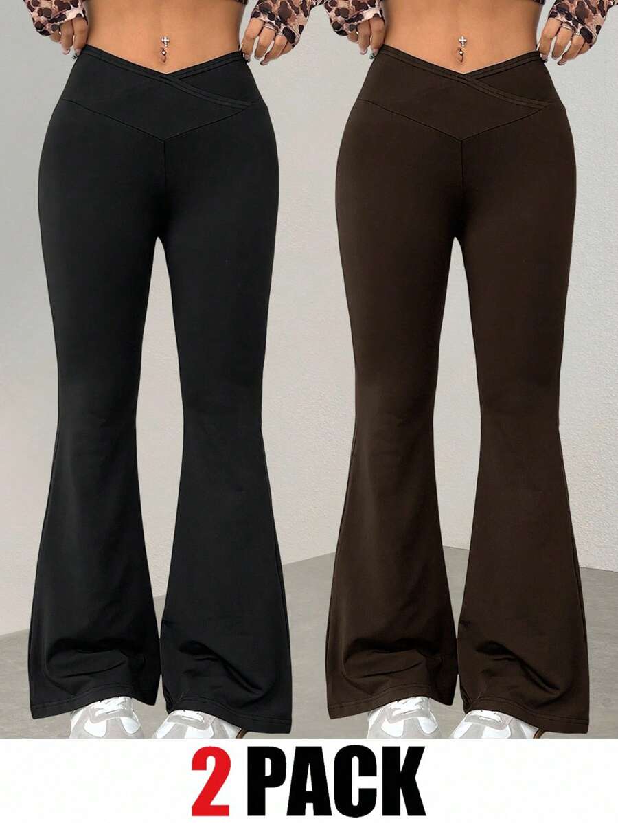 SHEIN EZwear 黑色和巧克力棕色大码喇叭裤 - 巧克力棕 - 查看 1