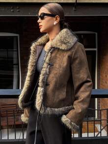 DAZY 女式仿毛领拼接绒面革宽松休闲街头厚外套，秋冬夹克 - 咖啡棕 - 查看 4