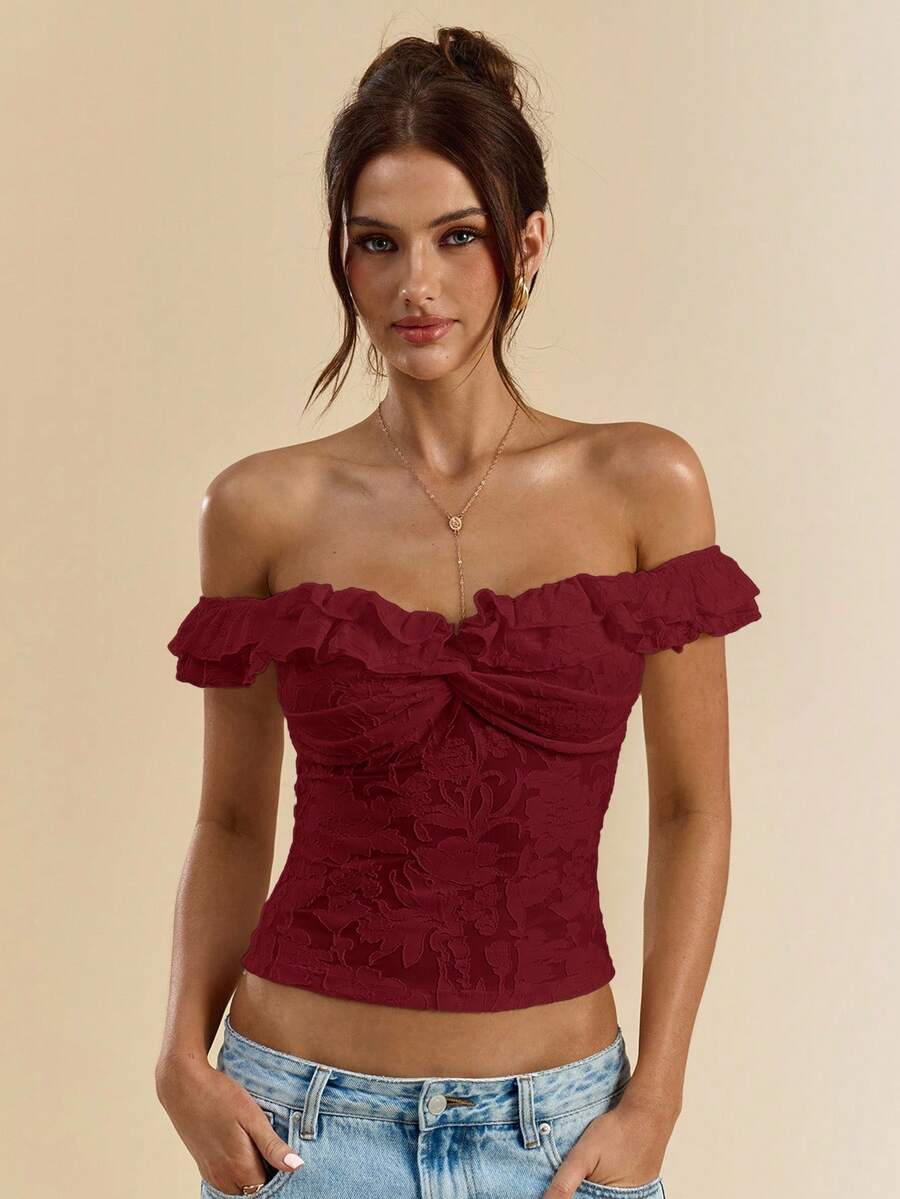 SHEIN BAE 女式白色纹理针织露肩双荷叶边前扭纹紧身上衣，夏季衬衫 - 酒紅色 - 查看 1