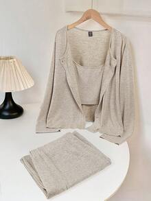 SHEIN CURVE+ 3 件套大码休闲针织吊带背心、纯色夹克和裤子套装，秋冬 - 灰色 - 查看 5