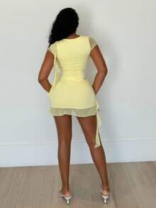 Alexandranx 2 件套性感粉色不对称褶皱透视紧身套装、外出套装、生日套装、节日派对套装、女士约会夜服装、音乐会服装、毕业礼服、街头风格套装、女士 2 件套服装女士两件套服装女士 2 件套服装 - 黃色 - 查看 5