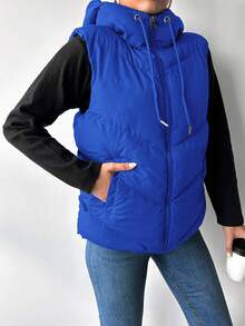EURMUSE Drawstring Hooded Women's Padded Vest - Blue - View 3
