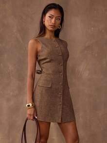 SHEIN BAE Autumn Slim-Fit Single-Breasted Sleeveless Waist-Cinching Minimalist Dress, Special Fabric Dress, Autumn And Winter Versatile Dress, Commuting Dress, Elegant Short Dress - Coffee Brown - View 5