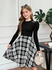 SHEIN Leap Crew Tween Girl Knit Patchwork Plaid Waist Cinched Gigot Sleeve Fitted Dress, Casual Preppy Style, Modern Fashion - Black - View 1