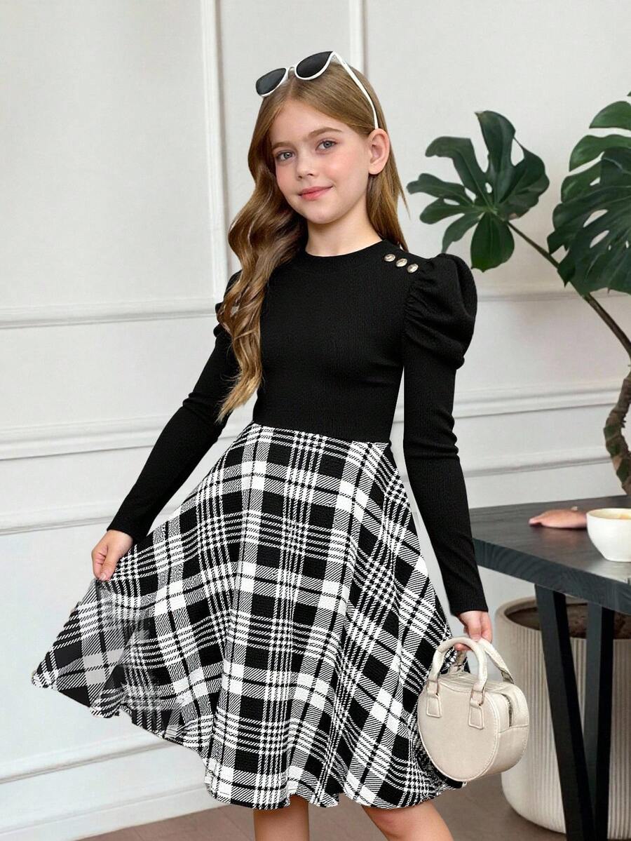 SHEIN Leap Crew Tween Girl Knit Patchwork Plaid Waist Cinched Gigot Sleeve Fitted Dress, Casual Preppy Style, Modern Fashion - Black - View 1