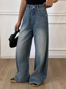 Livesso 女士宽松休闲直筒牛仔裤，秋冬新品 - 藍色 - 查看 1