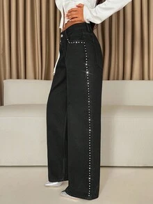EURMUSE Women's Washed Black Extra Long Straight Leg Jeans With Side Stud Detail For A Casual Look - Black - View 5