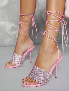 Square Toe Thick Strap Tie Up Heels - Pink - View 5