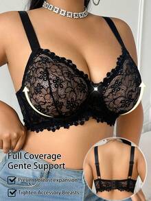 SHEIN 1pc Plus Size Sheer Lace Underwire Bra, Lift