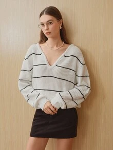 Chiquease Black And White Striped V-Neck Sweater Women,Slouchy High-End Minimalist Korean Style Chic & Knitted Pullover,Autumn Casual Brunch Fall Cloth - White - View 1