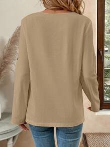 EMERY ROSE Women's White Asymmetrical Hem Round Neck Blouse - Khaki - View 2