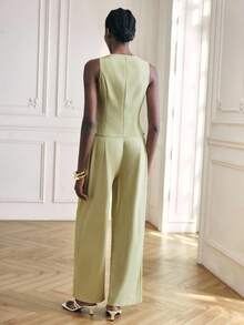 Maija 2 件套女士灰绿色金属单排扣背心和裤子休闲通勤西装套装 - 綠色 - 查看 5