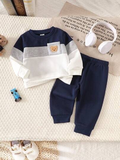 SHEIN 男婴休闲拼色圆领卫衣和裤子套装，秋季