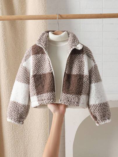 SHEIN 年轻女孩法式格子长袖短毛绒夹克，秋冬季，母女和姐妹搭配，立领长袖拉链高领保暖泰迪夹克，羊毛开衫，温暖舒适，非常适合秋冬季休闲日常穿着和上学日常，适合圣诞节、万圣节。女童碎花夹克可爱女童夹克女童羊毛夹克儿童毛绒夹克女童柔和夹克
