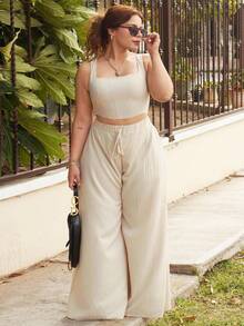 Lupita Cardoza 2025New Spring/Summer Vacation Casual Fishbone Strap Top & Wide Leg Pants With Pockets 2 Pieces Set, Textured Fabric Material - B - Khaki - View 1