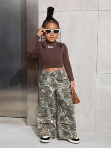 SHEIN Quần jean dáng rộng họa tiết rằn ri và cành cây phong cách Y2K dành cho nữ, thời trang đường phố, quần jean màu xanh quân đội, họa tiết cành cây, mùa thu đông. - xanh quân đội - Xem 5