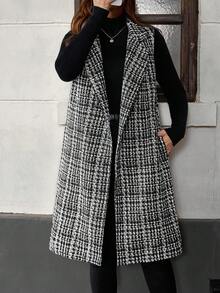 EMERY ROSE 大码女式秋冬口袋格子翻领休闲长款背心夹克 - 黑色 - 查看 7