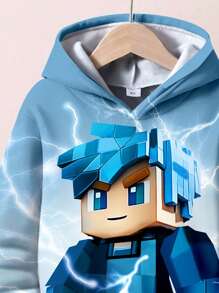 SHEIN 2 件儿童休闲极简主义闪电、蓝色渐变印花连帽衫套装，适合秋冬季 - 彩色 - 查看 4