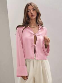 COSMINA 女式纯色卡其色前系带长袖简约商务休闲工作衬衫，休闲日常穿着秋季 - 粉色 - 查看 8