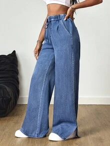 SHEIN Tall 高腰松紧腰下摆开衩针织牛仔裤