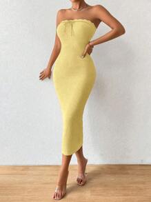 Chiquease Váy Bandeau dệt kim gợi cảm mùa thu/đông dành cho nữ, phong cách nghỉ dưỡng - Màu Mù tạt vàng - Xem 3