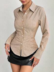 SHEIN PETITE Damen Lässig Gestreiftes Langarm Hemd mit Einzelknopfleiste