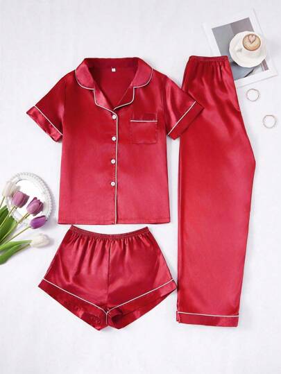 LuxeNights Set Women Contrast Solid Faux Zijden Collar Sleepwear Rood Pajama view 3