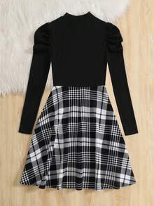SHEIN Leap Crew Tween Girl Knit Patchwork Plaid Waist Cinched Gigot Sleeve Fitted Dress, Casual Preppy Style, Modern Fashion - Black - View 3