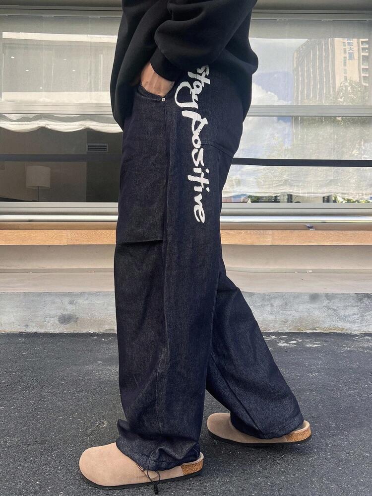 Navy Blue Blue Original Color Denim Letter Print Design Cocoon Pants Streetwear Style Men's Jeans, Autumn