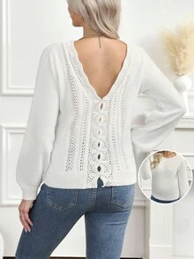 SHEIN Maternity Solid Color Hollow Back Design Crew Neck Loose Knit Sweater, Autumn - White - View 1