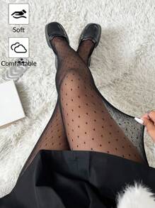 SHEIN EZwear 大码女式波尔卡圆点紧身裤、衣服、黑色薄网眼透视、女式长袜、时尚紧身裤、狂欢节服装、休闲日常服装、节日派对服装、冬季服装 - 黑色 - 查看 5