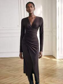 Maija 新款复古棕色V领不对称腰部褶皱侧开衩鸡尾酒连衣裙，女士，春夏款 - 咖啡 - 查看 5