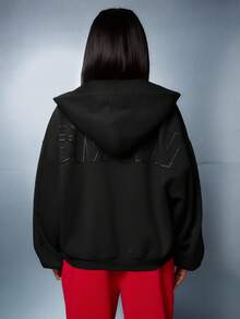SUMWON WOMEN 超大全拉链连帽衫，背面带有压花徽标，休闲秋冬街头风，抽绳兜帽，中心口袋，基本款日常穿着 - 黑色 - 查看 2