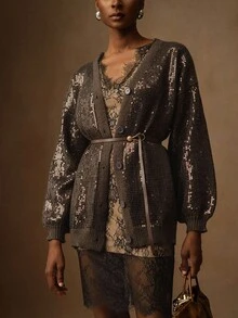 Vesra 女士时尚亮片灯笼袖休闲开衫 - 咖啡棕 - 查看 1