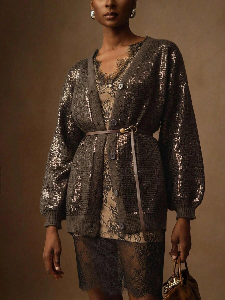 Vesra 女士时尚亮片灯笼袖休闲开衫 - 咖啡棕 - 查看 1