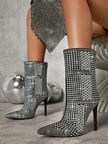 SHUZIA Rhinestone Decor Pointy Toe Stiletto Heeled Boots - Black - View 2