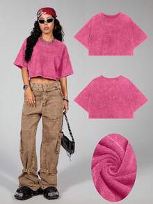 Comfortcana Áo thun tay ngắn cơ bản 100% Cotton đã giặt - Hồng - Xem 6