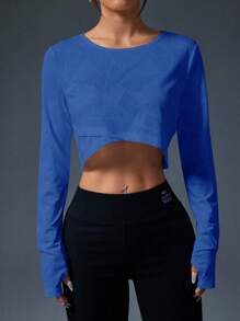 Easithlete 女式纯色圆领长袖短款休闲健身运动 T 恤女式运动短款上衣衬衫蓝色短款上衣长袖短款上衣蓝色健身上衣长袖健身短款上衣女式短款上衣女式蓝色健身上衣长袖健身上衣 - 寶藍色 - 查看 5