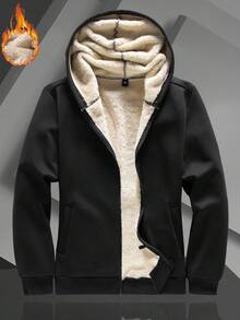 Manfinity Homme 大码男式纯色长袖拉链连帽运动衫，带保暖衬里，秋冬 - 黑色 - 查看 1