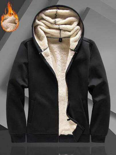 Manfinity Homme 大码男式纯色长袖拉链连帽运动衫，带保暖衬里，秋冬