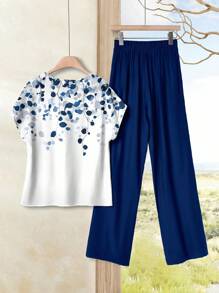 SHEIN RusticEase 2 件套休闲树叶印花撞色圆领上衣和宽松裤子套装，适合女士，适合春秋季 - 彩色 - 查看 3