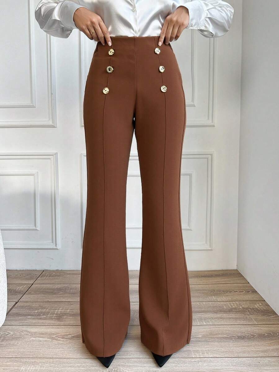 EURMUSE Women's Solid Color High Waist Double-Breasted Flare Leg Pants - Brown - View 1