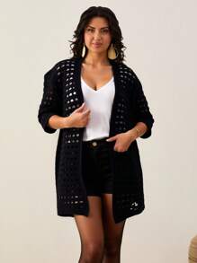 EURMUSE Drop Shoulder Open Knit Duster Cardigan - Black - View 5